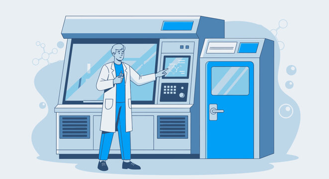 Scientist in lab coat interacting with futuristic vending machine, blue and gray illustration, vector graphics, medical technology concept, healthcare innovation