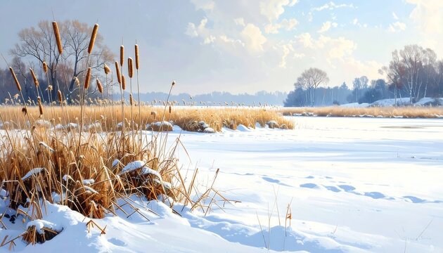 A serene winter landscape with snow-covered ground and cattails