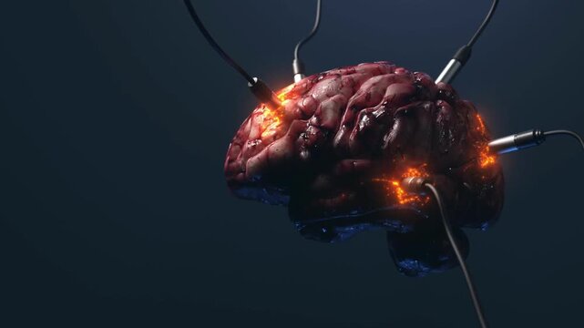 3d human brain with connected cable animation render. technology machine learning concept