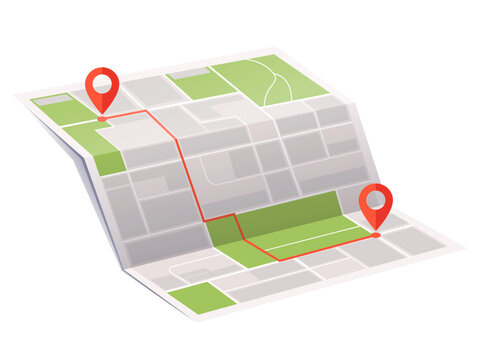 A folded city map with route markers in clean graphic style on white background symbolizing navigation. Vector illustration
