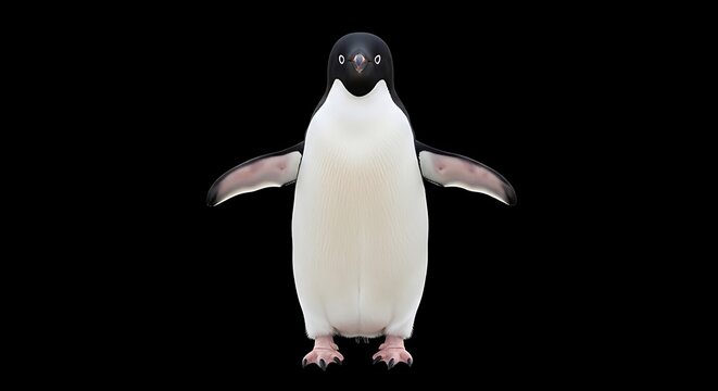 A front-facing penguin with white belly and black head, arms outstretched, on a black background