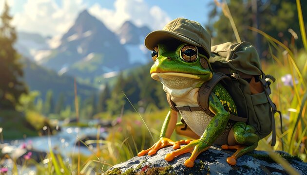A green frog wearing a hat and backpack sits on a rock
