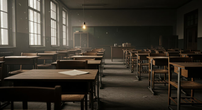 Empty vintage classroom with wooden desks and single hanging bulb dark classroom