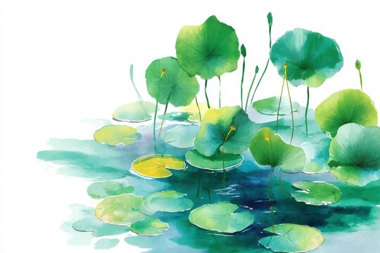 Soft watercolor lily pads floating on still water