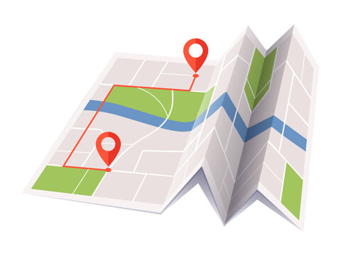 A folded paper map with pins and route in clean graphic style on white background, showing navigation concept. Vector illustration