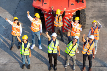 Strike of workers in container yard. Group of multiethnic engineer people during a protest in workplace