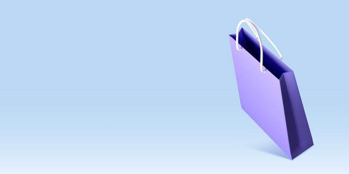 A purple shopping bag in a minimal style on a light blue gradient background, symbolizing modern consumerism. Vector illustration