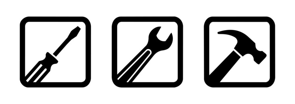 Set of three minimalist tool icons: screwdriver, wrench, and hammer in rounded squares.