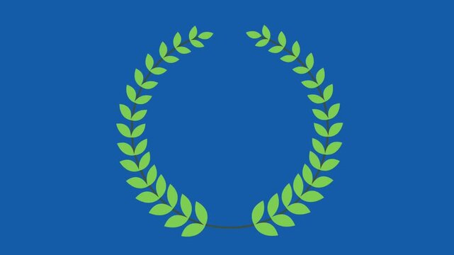 Green laurel wreath frame animation with growing leaves on a blue background