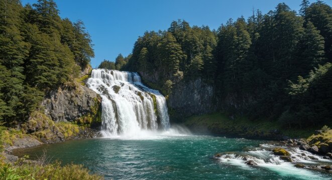 Stunning Laja Falls cascading through lush Chilean forest on a sunny day.