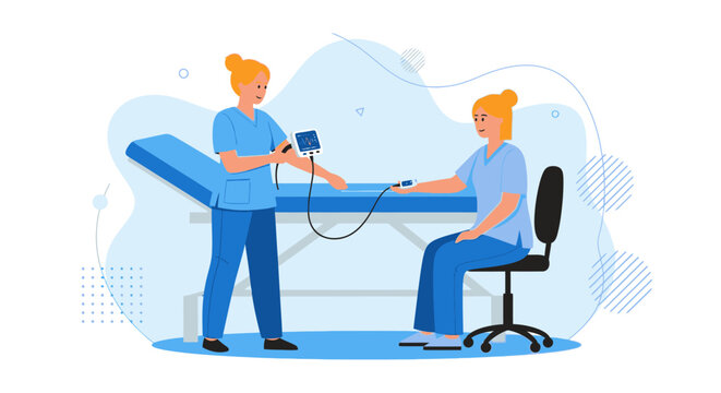 Medical, healthcare, vector illustration, doctor, patient, blood pressure, checkup, medical office