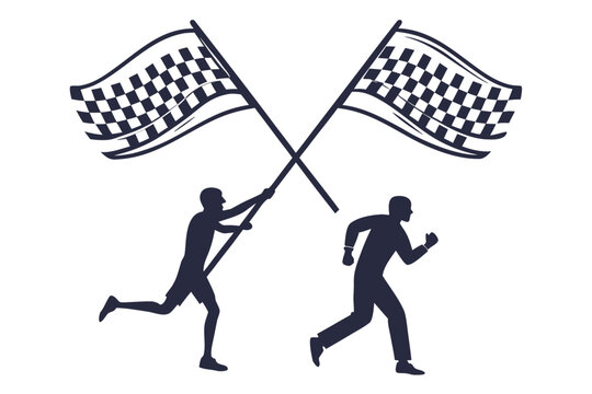 Silhouette of a man holding crossed checkered racing flags while another person runs past him during a fast competition event