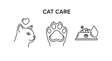 Fototapeta premium Minimalist cat care icons including a feline head silhouette