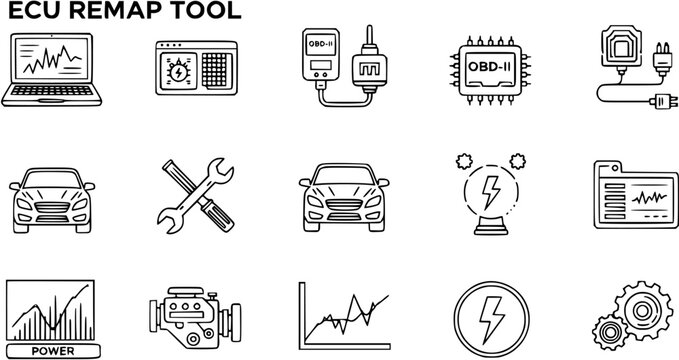 ECU Remap Tool Automotive Line Art Icons Set. Car Tuning, Vehicle Performance  Diagnostics Outline Symbols Collection.