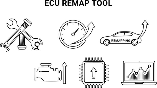 ECU Remap Tool Icons: Car Tuning, Performance Upgrade, Diagnostic, Tech, Automotive Industry, Line Art