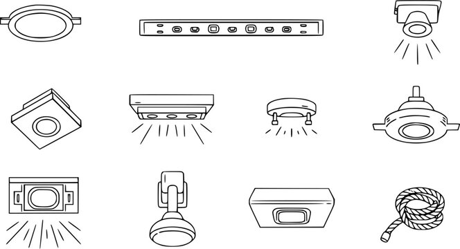 Black and White Line Art Icons of Various Ceiling and Recessed LED Lighting Fixtures, Rope