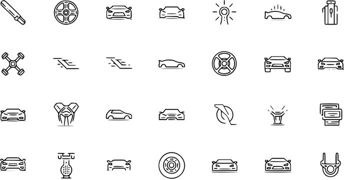 Automotive Line Art Icons Set - Outline Symbols for Cars, Vehicle Parts, Repair, and Transportation