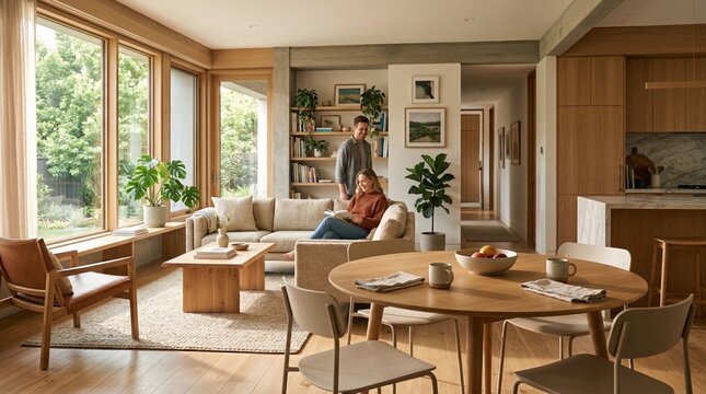 Couple relaxing in modern minimalist living room