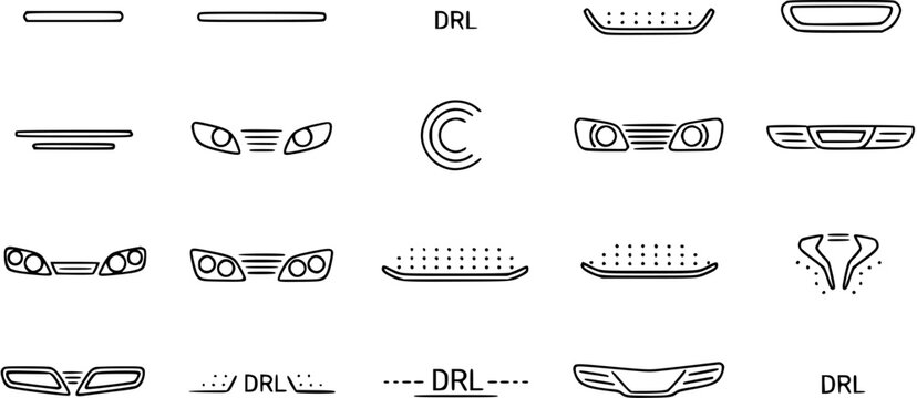Automotive Car Headlights and DRL Daytime Running Lights Line Art Icons Set for Vehicle Front Design