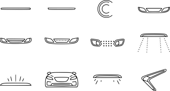 Automotive Line Art Icons: Grilles, Bumpers, Headlights, and Car Silhouette