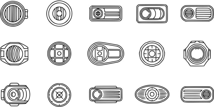 Black and White Line Art Icons of Automotive Headlights and Technology Flashlights - Illumination Devices Set