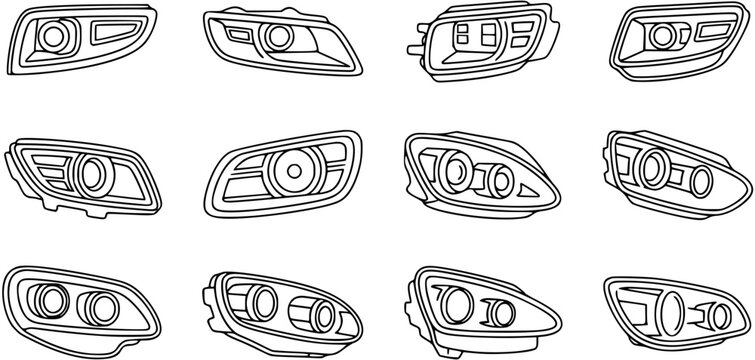 Automotive Car Headlights Vector Line Art Set - Black  White Outline Collection of Vehicle Headlamps and Auto Front Lights Design