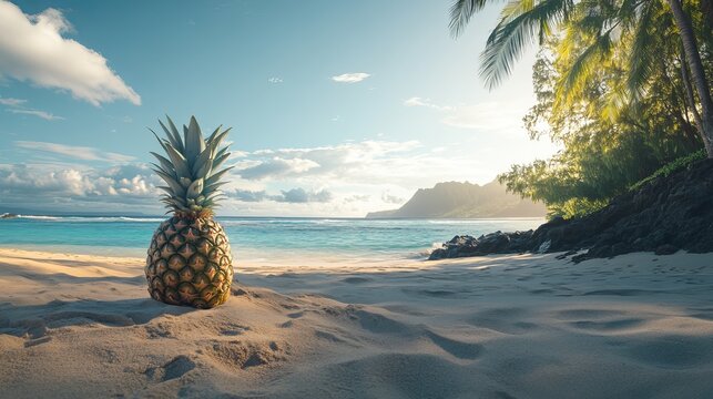 A pineapple sits alone on a sandy tropical beach with palm trees and a serene ocean view