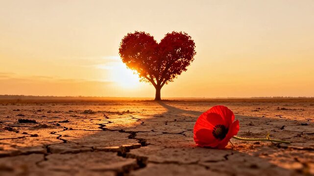Heart shaped tree and red flower in dry land