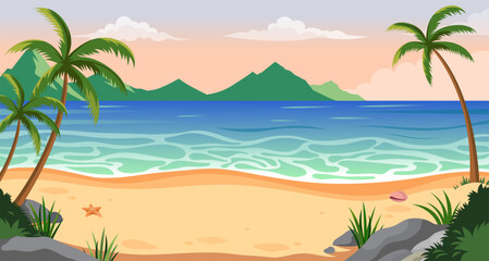 Obraz premium Tropical beach with palm trees in cartoon style on soft sunset background expressing a concept of relaxation and calm. Vector illustration