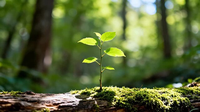 Young plant growing on mossy log