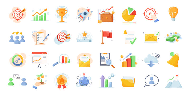 Business icon set with goals, charts, awards in flat style on white background, concept of success and growth. Vector illustration