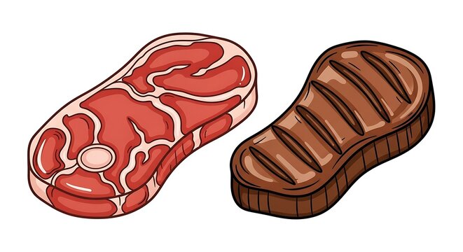 Raw and grilled steak vector illustration for food and cooking designs