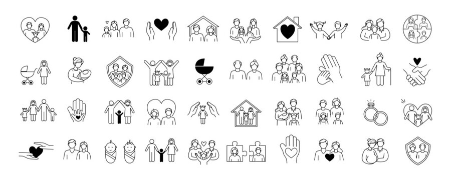 Family icon set in simple line style on white background expressing care and unity concept of support. Vector illustration