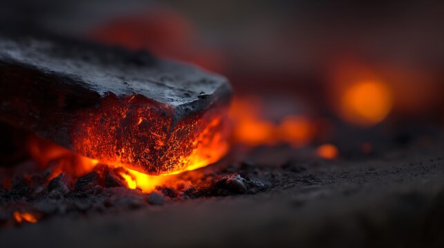 Glowing hot metal on fire in dark background with embers