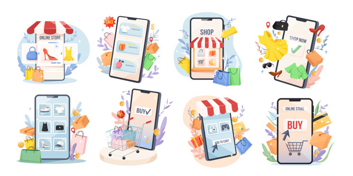 Smartphone scenes showing online shopping icons in flat style on white background for commerce concepts. Vector illustration