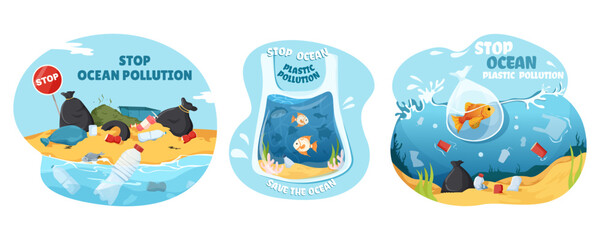 Naklejka premium Ocean pollution scenes in cartoon style on light blue background showing environmental harm concept. Vector illustration