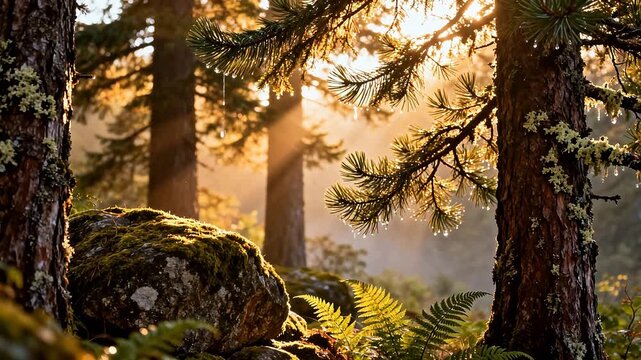 Sunlit forest with mossy rocks and trees