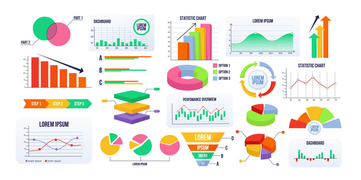 Mixed business charts and diagrams in colorful graphic style on white background showing data concepts. Vector illustration