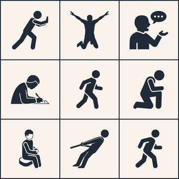 A set of black stick figures in different poses and actions, including running, jumping, and talking, shown in silhouette against a white background.