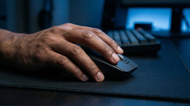 A person's hand using a computer mouse on a desk in a dark room