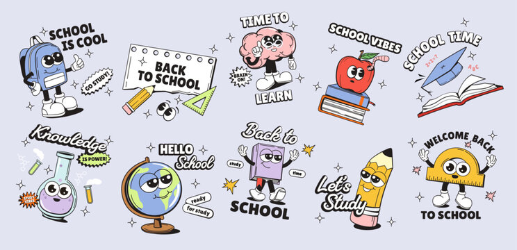 Cartoon school supplies characters with text in playful style on light backdrop, showing education concept. Vector illustration