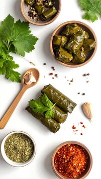 A vibrant arrangement of dolmas and spices on a white surface