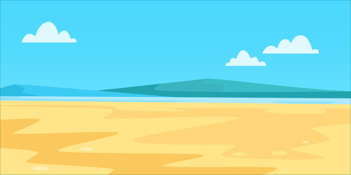 Sunny beach landscape in flat style on blue sky background, concept of summer relaxation. Vector illustration