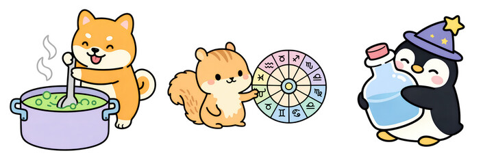 Obraz premium Cartoon animal cute character penguin dog squirrel horoscope wheel Cartoon animal cute character penguin dog squirrel horoscope wheel