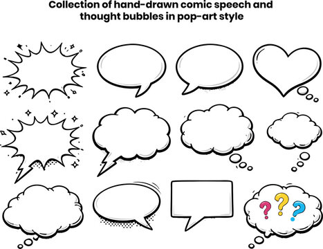 Collection of hand-drawn comic speech and thought bubbles in pop-art style, featuring blank oval, cloud, heart and explosion shapes for dialogue, captions, callouts and comic book use
