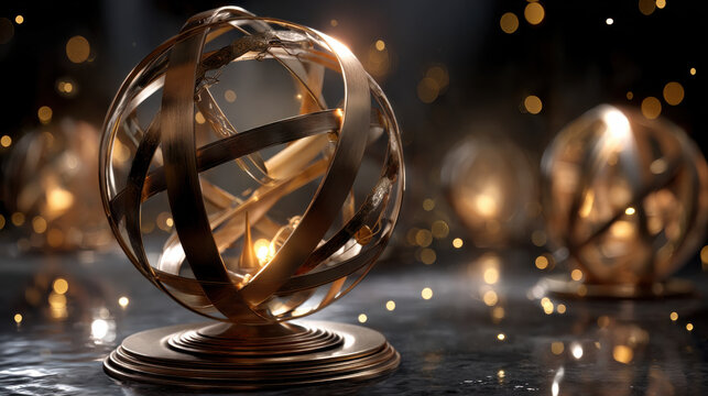 Metallic sphere sculpture fantasy bronze armillary globe abstract light bokeh glowing orb decor luxury modern art circular ring structure dark marble surface mystical atmosphere warm golden light