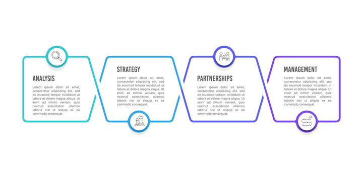 Four interlinked business stages infographic with analysis and strategy. Presentation, Poster and Banner. Vector illustration.