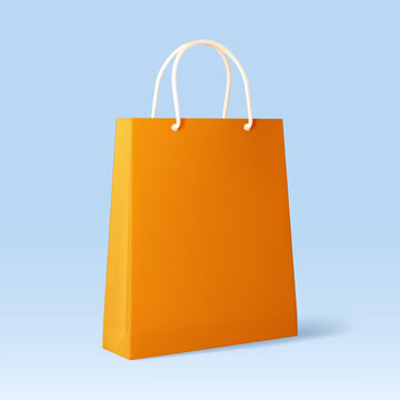 Orange shopping bag in minimalist style on light blue backdrop as a symbol of retail today. Vector illustration