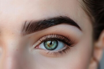 Obraz premium Close up of beautiful green eye with perfect eyebrows and eyelashes after professional makeup