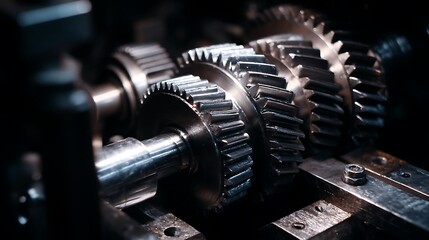 Naklejka premium Closeup of interlocking metal gears in a mechanical system